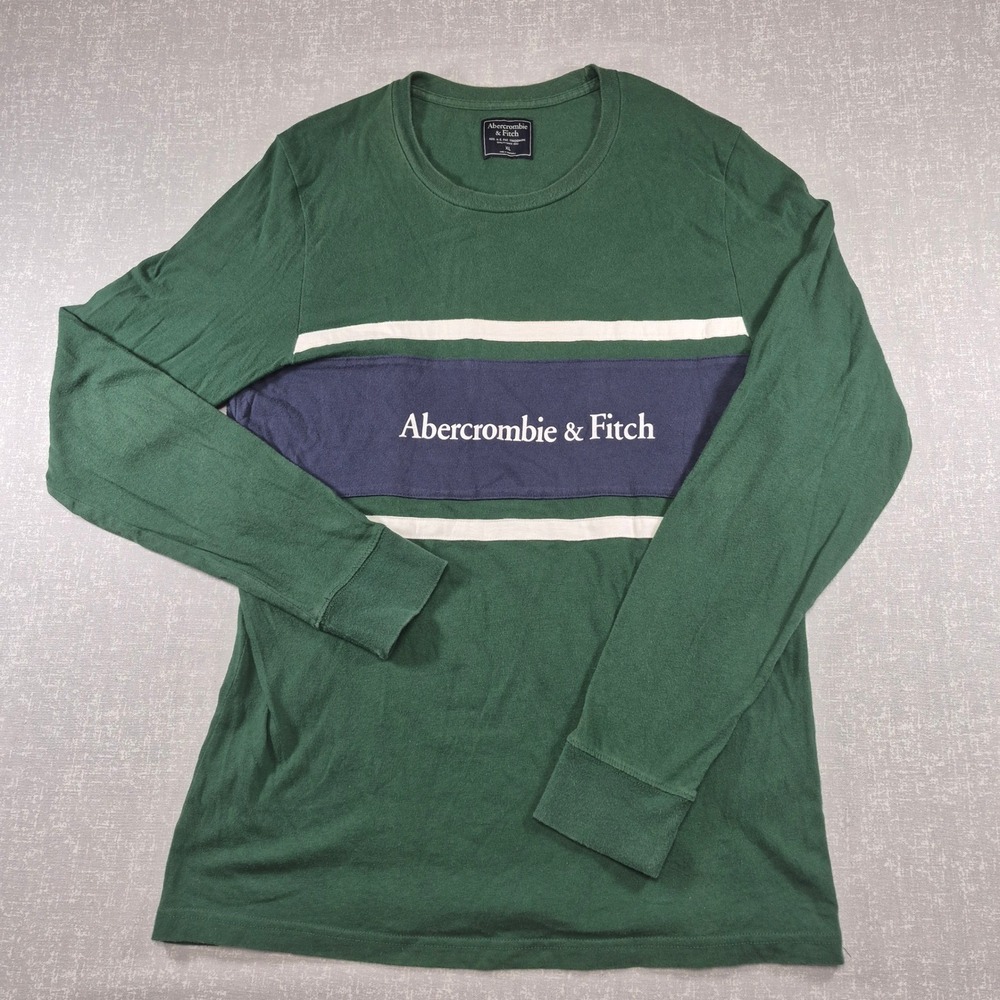 Abercrombie & Fitch Mens XL Long Sleeve T-Shirt Green Navy Stripe Logo Cotton